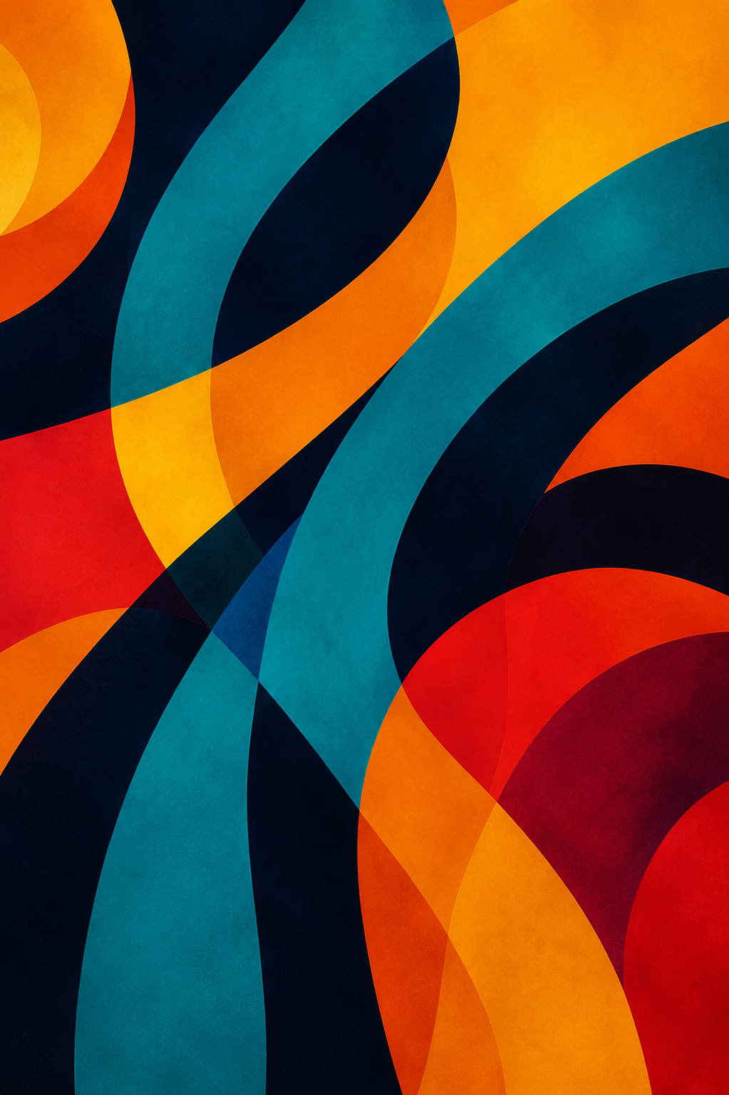 Curvélique abstract composition in teal, orange, and red